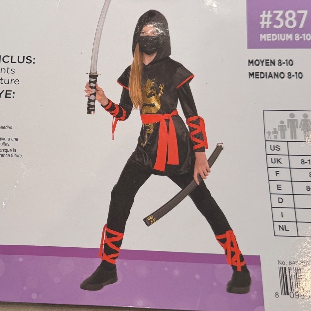 Dragon Ninja Costume Kids Medium 8-10 Black Red Gold 4 pieces set